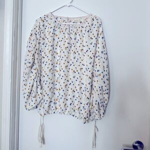 Adorable blue and yellow flower pattern long sleeve waist ties button back